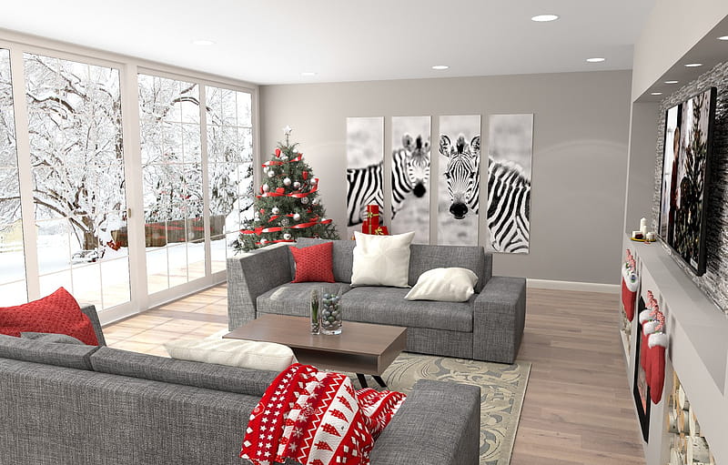 christmas, new year, winter, living room, zebra, christmas tree for , section Ð¸Ð½ÑÐµÑÑÐµÑ, HD wallpaper